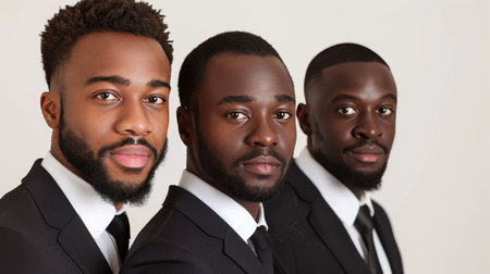 Three Successful African American Businessmen in Suits, Isolated Against a White Background.の素材