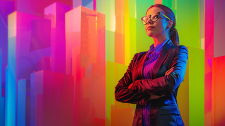 Confident Businesswoman with Arms Crossed in Neon Lit Office, Leadership and Success Conceptの素材