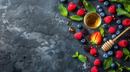 Fresh berries and mint leaves with honey and sugar on dark grunge background top viewの素材