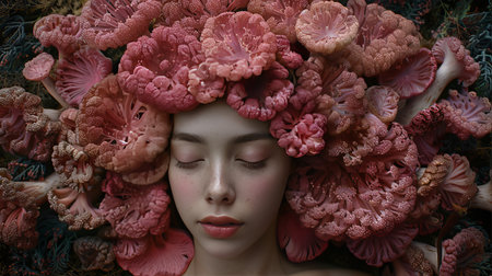 Portrait of Beauty. Young Woman with Artistic Makeup Lying Down, Surrounded by Coral Pink Mushroomsの素材