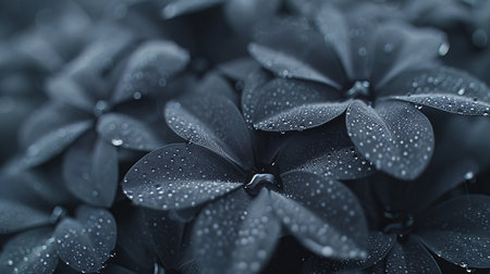 Closeup, Macro Of Dark, Moody Gray Floral Backdrop With Dew drops or Rain, Floral Pattern.の素材