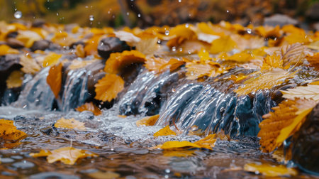 Autumn Creek With Fallen Leaves, Small Waterfall in Forest. Fall Season Golden Yellow Foliage.の素材