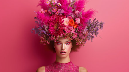 Portrait of a Beautiful Woman with Flower Crown, Fashion Makeup Look on a Pink Backgroundの素材