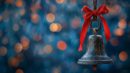 Close up of an antique bronze christmas bell with a red bow on a dark blue gradient backdropの素材