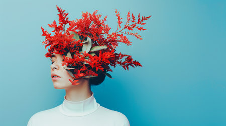 Woman with Red Autumn Leaves, Modern Minimalistic Fashion Portrait on Blue Backgroundの素材