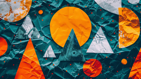 Abstract Geometric Background, Collage with Triangles, Circles and Textured Paper in Retro Style.の素材