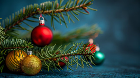 Vibrant christmas tree branch adorned with colorful glass ornaments against deep blue backdropの素材