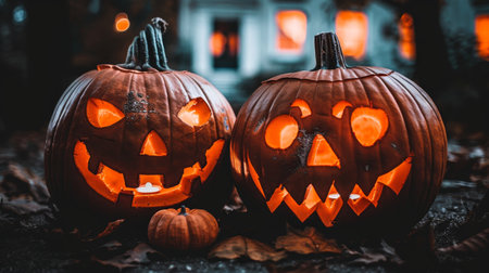Enchanted halloween scene pumpkins on the lawn with a mysterious house and glowing windowsの素材