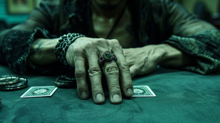 Close-Up of Hands with Statement Ring, Poker Chips, and Cards Gambling Theme, Dark and Atmosphericの素材