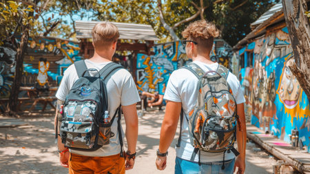 Two Young Men with Backpacks Exploring Vibrant Urban Art District, Street Art, Graffiti,の素材
