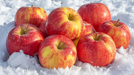 Close up view of vibrant red apples on snowy ground captured from a low angle perspectiveの素材