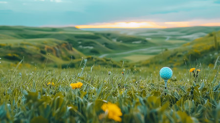 Blue Golf Ball on Lush Green Grassy Field with Rolling Hills and Sunrise, Spring Golfing Conceptの素材