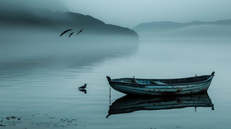 Blue Hour Tranquility, Foggy Lake with an Old Wooden Boat, Atmospheric Landscape Photographyの素材