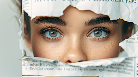 Close up of a human eye gazing intently through a torn hole in an aged newspaper, captivating viewの素材