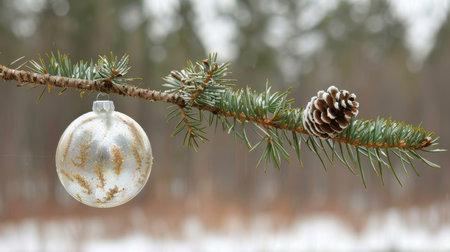Close up of christmas tree branch with pine cones and ornament in winter forest backgroundの素材