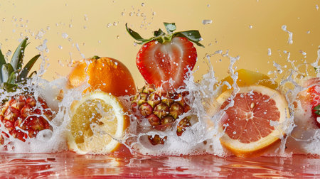 Fresh Fruit Splashing in Water A Vibrant Display of Citrus, Berries, and Tropical Delightsの素材