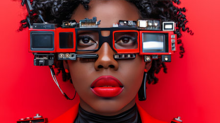 Fashion Portrait Of Young Woman With Creative Glasses With Displays On Red Backgroundの素材
