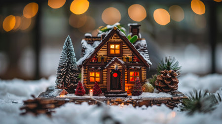 Christmas magic. Miniature gingerbread house decorated with snow. Festive bokeh lights background.の素材