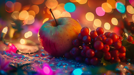 Ripe Whole Apple. Red Berries of Viburnum Close. Festive, Twinkling Garland Bokeh Effectsの素材