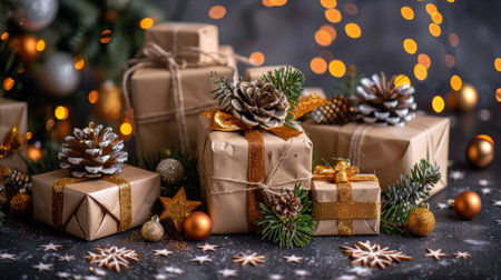Christmas Gift Boxes Adorned with Pine Cones and Sparkling Garland, Festive Holiday Decorの素材