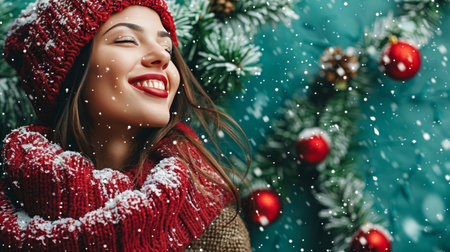Beautiful Woman In Warm Clothes Smiling At Falling Snow, Outdoors In Winter With Festive Decorationsの素材