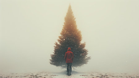 Lone Figure in Red Standing Before a Tall Evergreen Tree in a Foggy Winter Wonderlandの素材