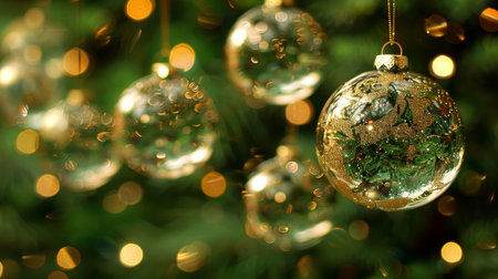 Golden Christmas Baubles Adorning a Christmas Tree, Festive Decoration, Holiday Spiritの素材