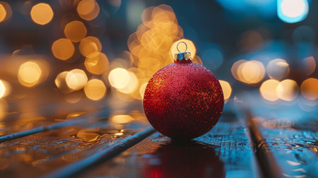 Red Christmas Ornament against Bokeh Lights on a Wet Wooden Surface, Festive Backgroundの素材