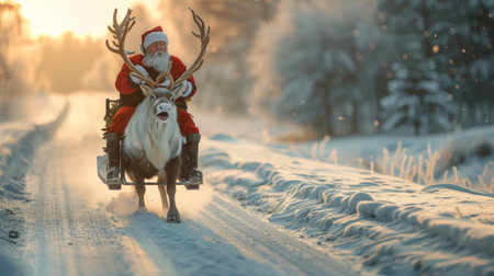 Santa Claus Riding Reindeer on Snowy Road, Magical Christmas Delivery, Winter Wonderlandの素材