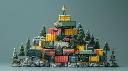 Mountain of Cargo Containers and Toy Vehicles Logistics, Transportation and Delivery Concept.の素材