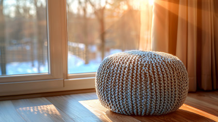 Cozy knitted pouf near the window with winter view. Comfortable interior detail, warm atmosphere.の素材