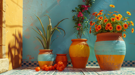 Mediterranean Patio Decor Still Life with Terracotta Pots, Aloe Vera, and Flowers on a Sunny Day.の素材