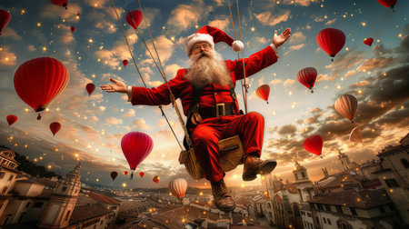Jolly Santa Claus Soaring Above a Festive Cityscape in a Swing, Surrounded by Hot Air Balloonsの素材