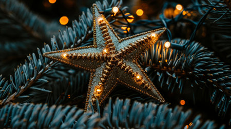 Close Up Christmas Decoration Shining Gold Star On Tree With Bokeh Lights, Festive Atmosphere.の素材