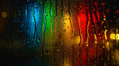 Colorful light reflections on glass water droplets forming unique shapes and patternsの素材