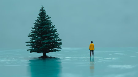 Loneliness. A Person In A Yellow Raincoat Stands On A Frozen Lake Near A Lone Pine Treeの素材