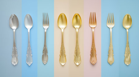 Elegant table setting with pastel cutlery highlights symmetry and soft romantic lightingの素材