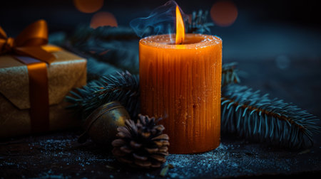Close up of a burning christmas candle on wooden table with bronze bell and gift box decorの素材
