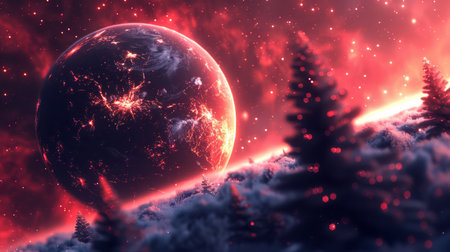 Crimson Planet Rising above Surreal Forrest A Captivating Image of Futuristic, Fantasy Landscapeの素材