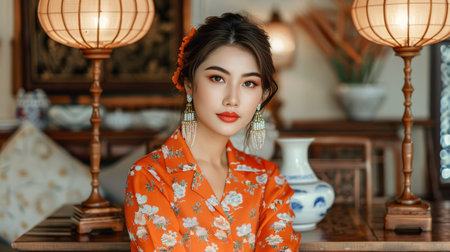 Portrait of a Beautiful Asian Woman with Floral Dress and Golden Earrings, Traditional Interiorの素材