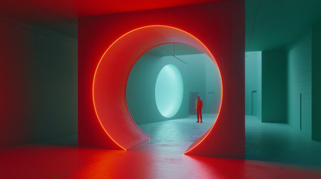 Man Standing in Modern Glowing Neon Interior, Futuristic Corridor in Pink and Teal Colorsの素材