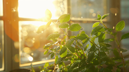 Green Plant in Rain Drops Standing Near The Window. Water Drops on Leaves After the Spring Rain.の素材