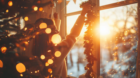 Children joyfully decorating the Christmas tree with a parent, creating a warm, festive atmosphereの素材