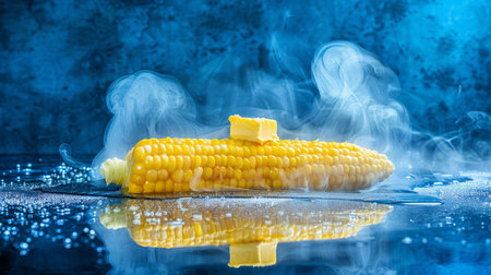 Close up of boiled corn on a blue background with melting butter and rising steamの素材