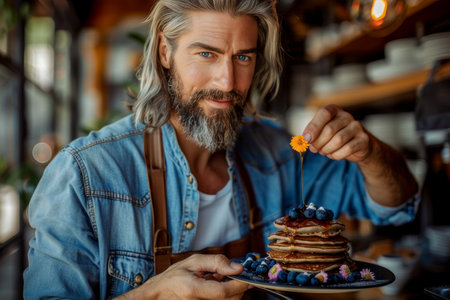 Delicious pancake stack with blueberries, edible flowers, and a drizzle of honey delightの素材