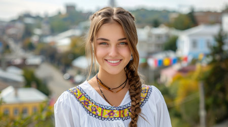 Beautiful Smiling Young Woman with Long Braid Posing Outdoors in European City, Portrait of Touristの素材