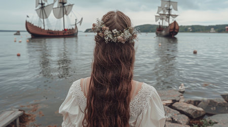 Woman With Flower Crown Standing by Sea with Vintage Tall Ships. Travel, Adventure Concept,の素材
