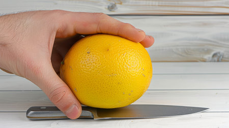 A Hand Steadily Holds a Ripe Yellow Orange, Poised for Slicing with a Sharp Knife on a White Tableの素材