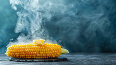 Close up of boiled corn on a blue background with steam and melting butter on topの素材