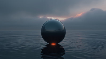 Black Sphere Floating Above Water, Minimalist Scene, 3D Render, Deep Ocean, Tranquilityの素材